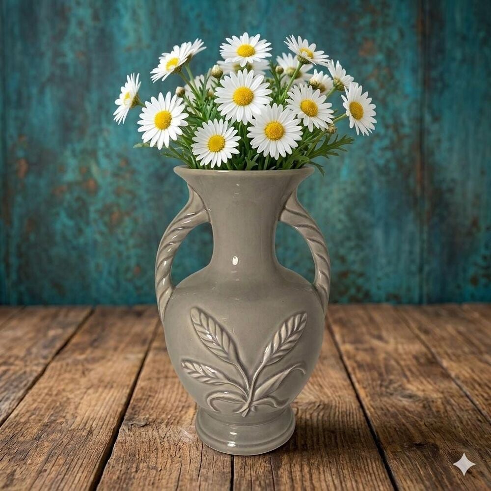 Vintage Glazed Ceramic Urn Vase – Embossed Botanical, Double Handle Amphora